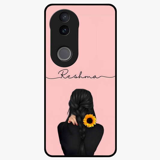 Sunflower Braid Beauty With Custom Name Glass Case showing flat back view with sunflower braid artwork and personalized name design.