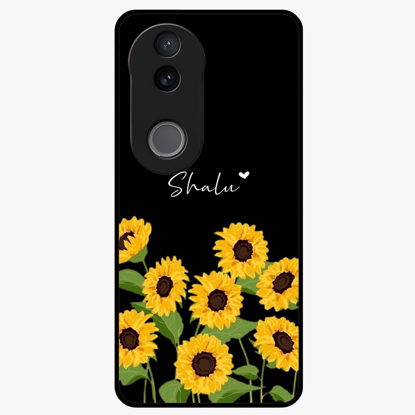 Sunflower Chic Mood Custom Name Glass Case showing flat back view with stylish sunflower artwork and personalized name design.