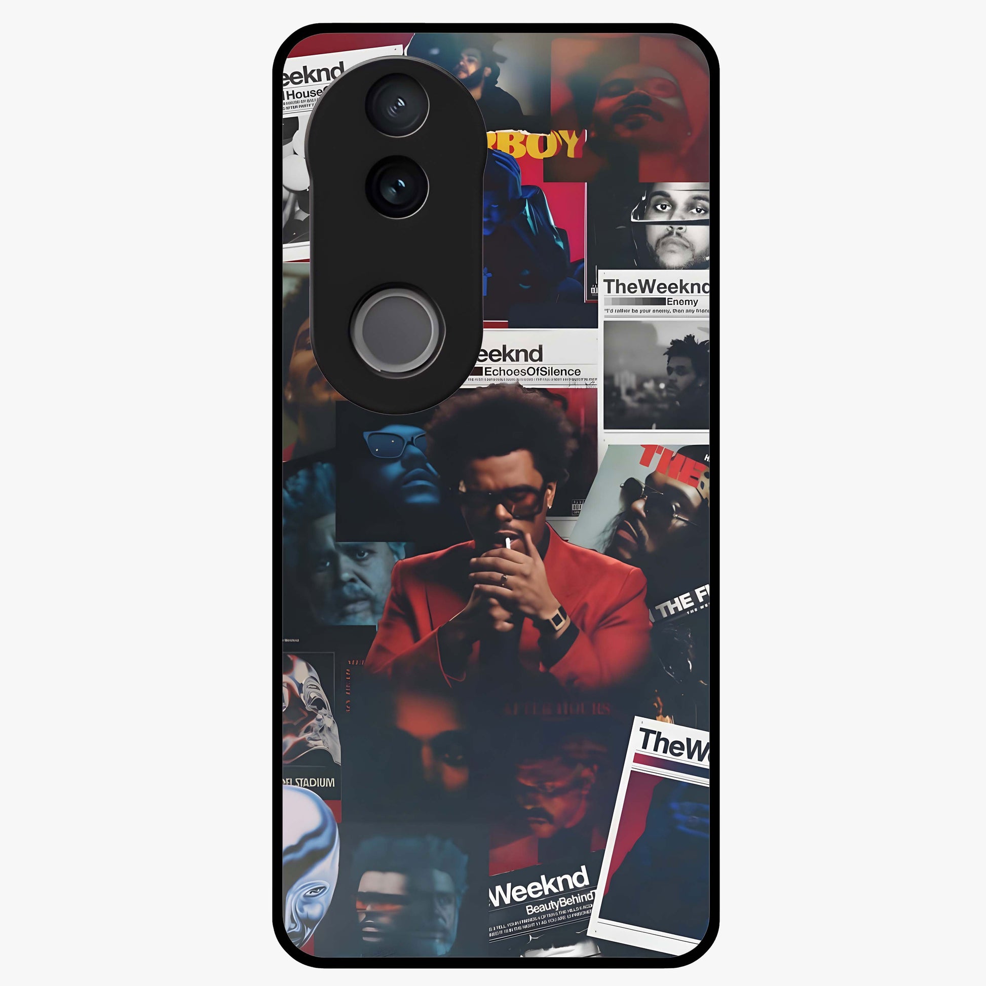 The Weeknd Glass Case showing flat back view with music inspired artistic portrait artwork and glossy glass finish.