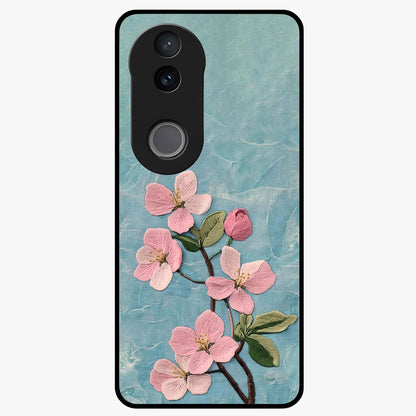 Threaded Blossom Breeze Glass Case showing flat back view with delicate blossom artwork and glossy glass finish.