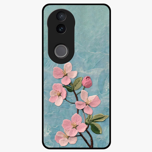 Threaded Blossom Breeze Glass Case showing flat back view with delicate blossom artwork and glossy glass finish.