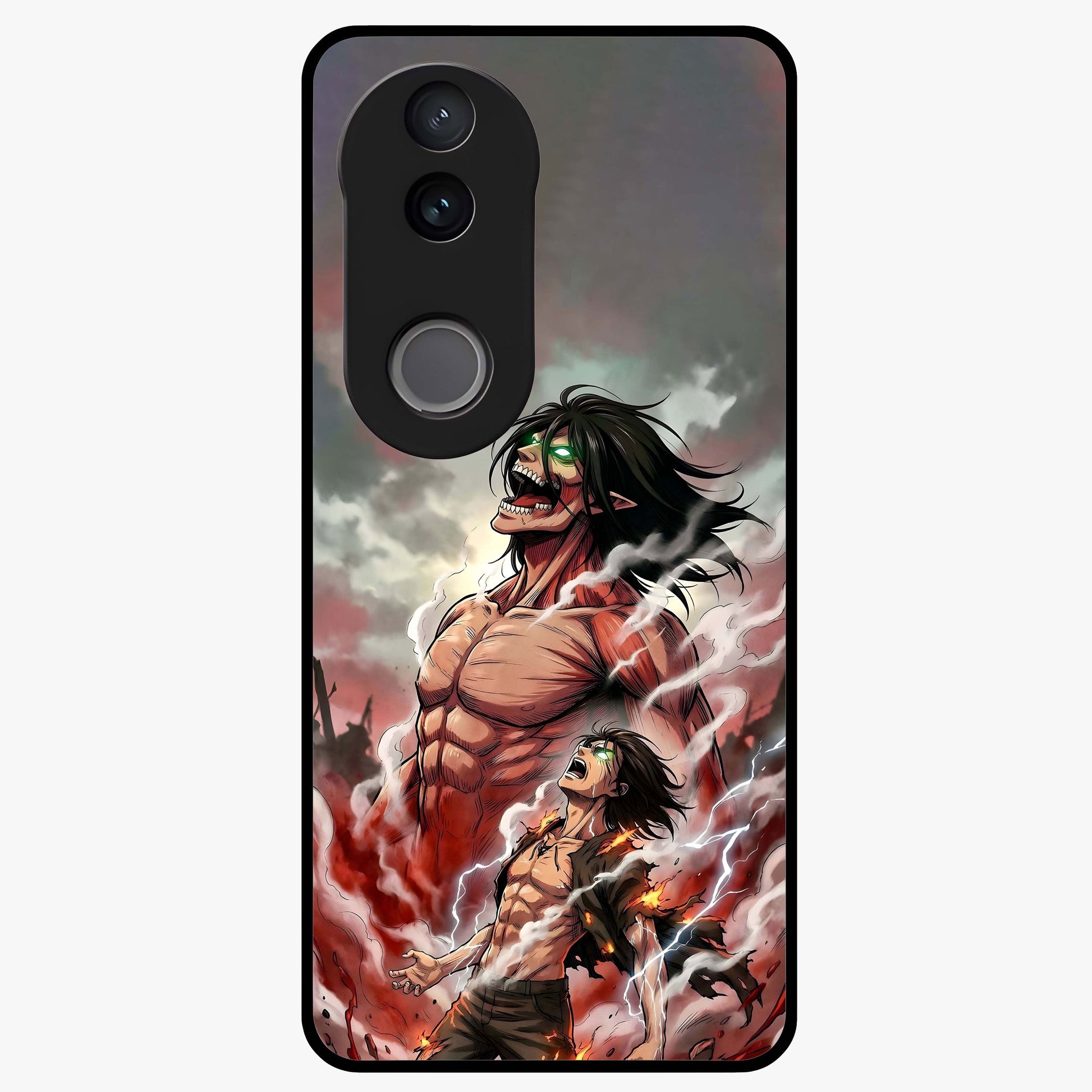 Titan Awakening Fury Glass Case showing flat back view with powerful titan inspired artwork and glossy glass finish.