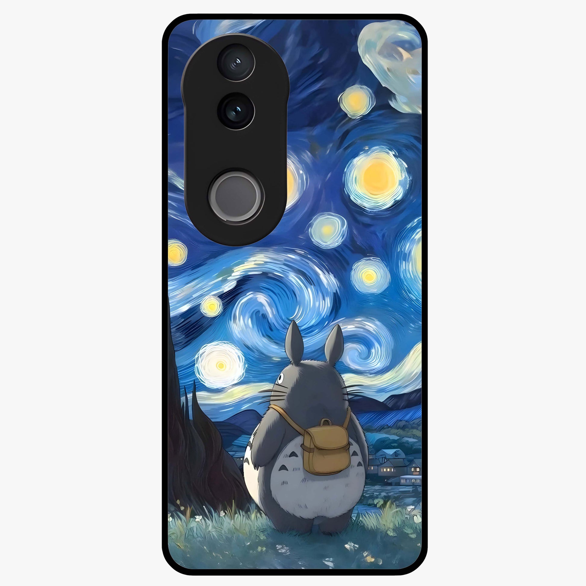 Totoro In Van Gogh Art Glass Case showing flat back view with whimsical character artwork inspired by Van Gogh style and glossy glass finish.