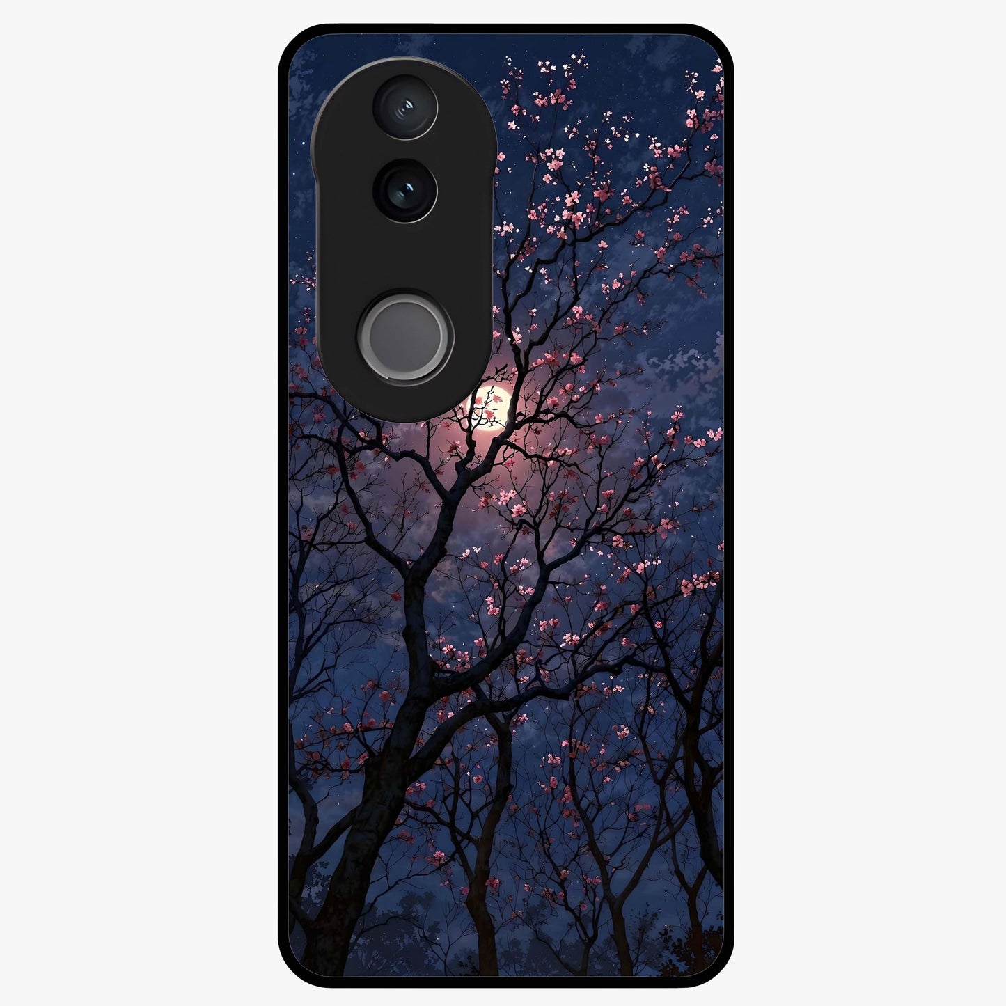 Twilight Sakura Serenade Glass Case showing flat back view with cherry blossom artwork at twilight and glossy glass finish.