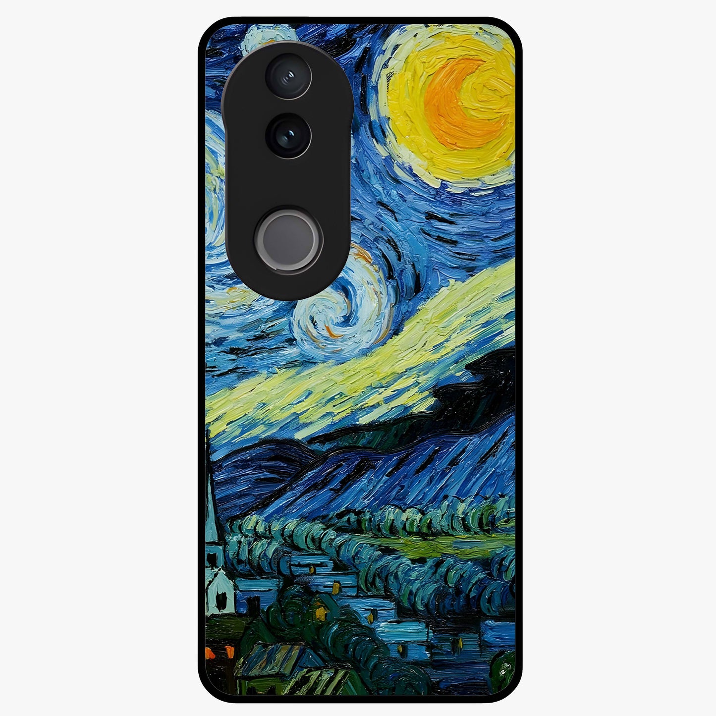 Van Gogh Art Glass Case showing flat back view with classic painterly artwork inspired by Van Gogh style and glossy glass finish.