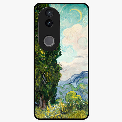 Van Gogh Vintage Art Glass Case showing flat back view with vintage painterly artwork inspired by Van Gogh style and glossy glass finish.