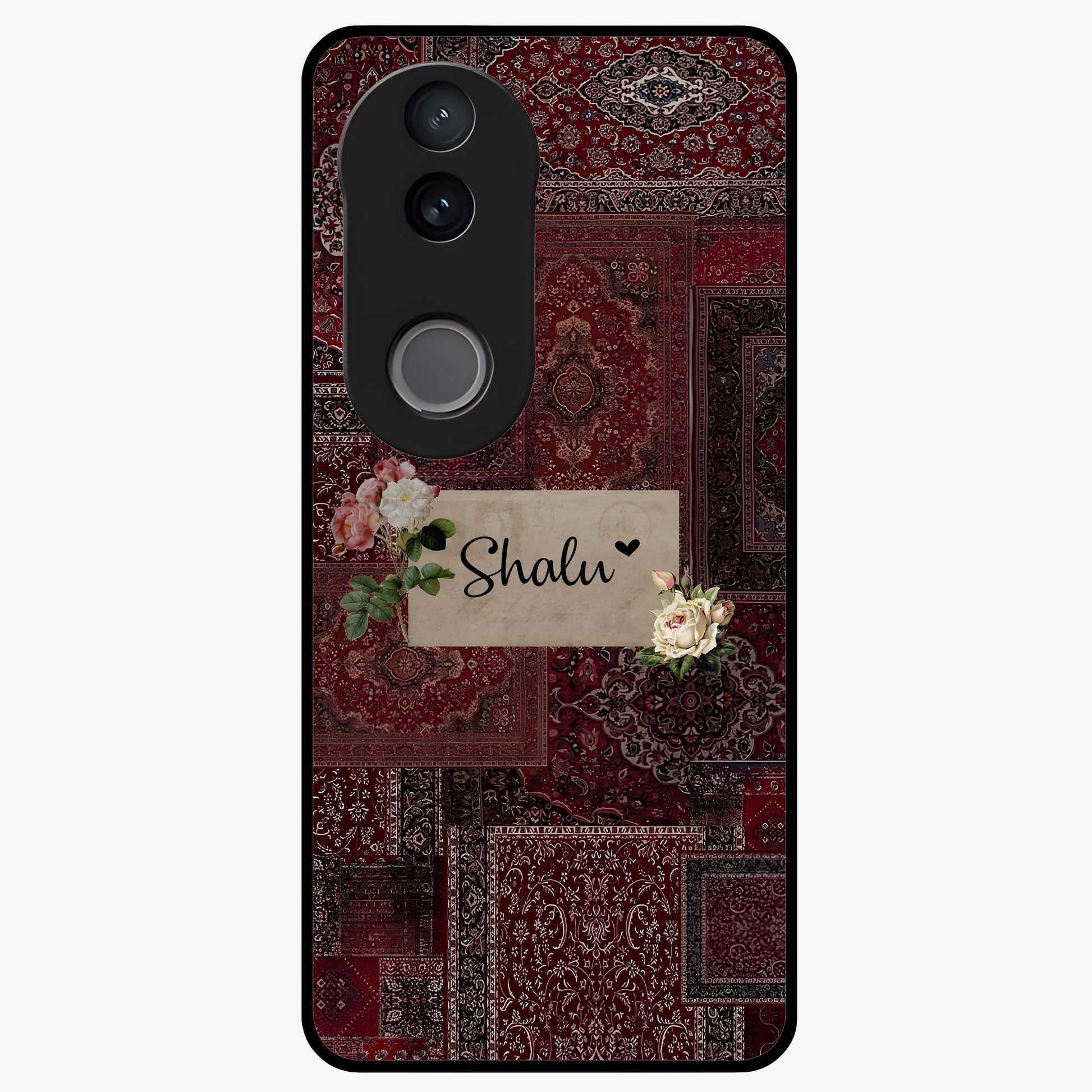 Velvet Wine Pattern Custom Name Glass Case showing flat back view with elegant wine colored pattern artwork and personalized name design.