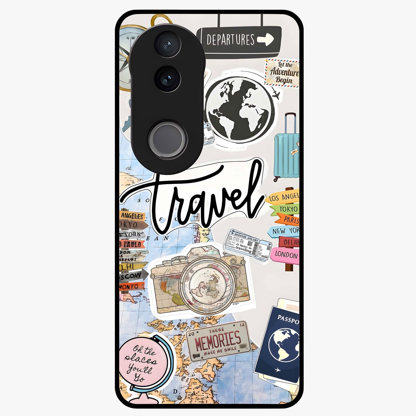 Wanderlust Journal Glass Case showing flat back view with travel inspired artwork and glossy glass finish.