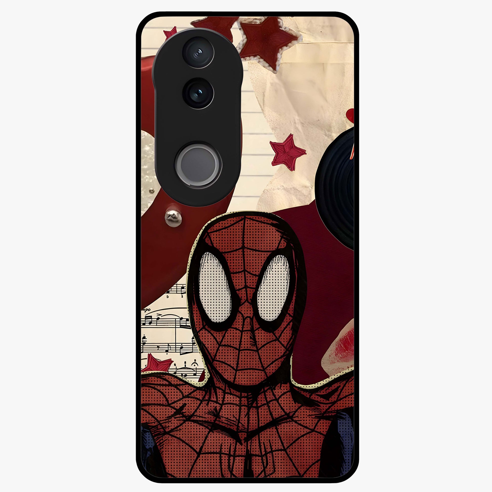 Web Warrior Vibes Glass Case showing flat back view with superhero inspired web themed artwork and glossy glass finish.