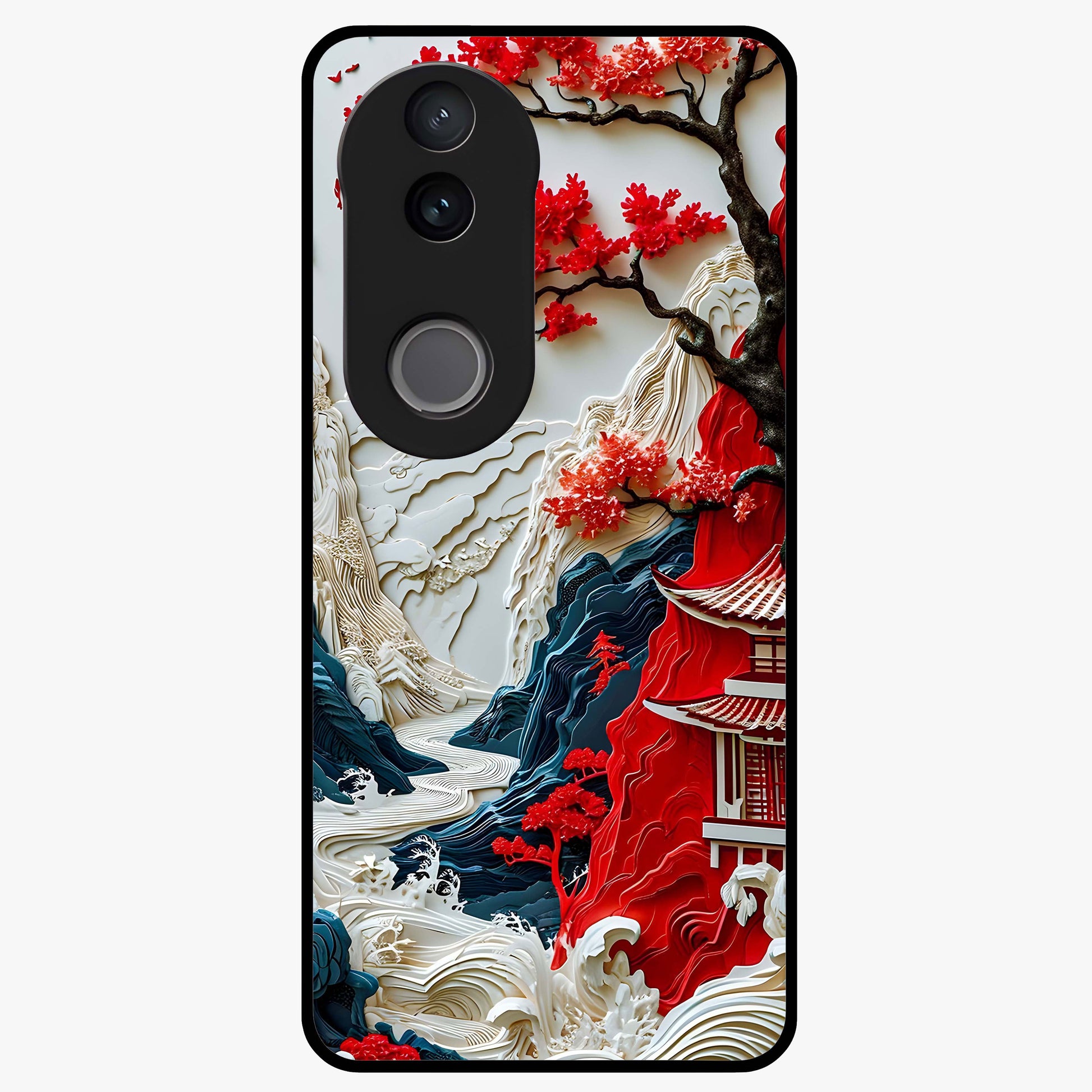 Whispers Of Sakura Waves Glass Case showing flat back view with cherry blossom wave artwork and glossy glass finish.