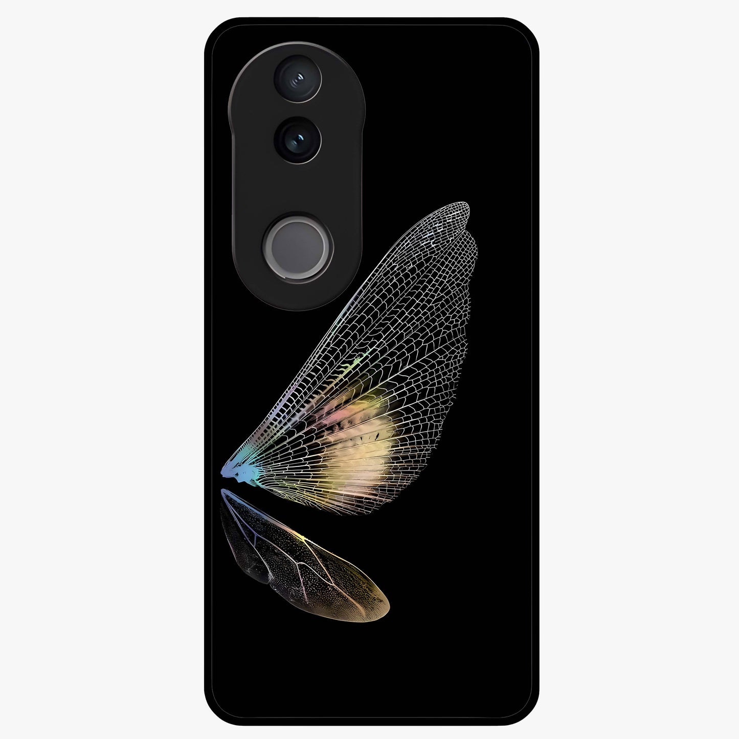 Whispers Of Wings Glass Case showing flat back view with graceful wing inspired artwork and glossy glass finish.