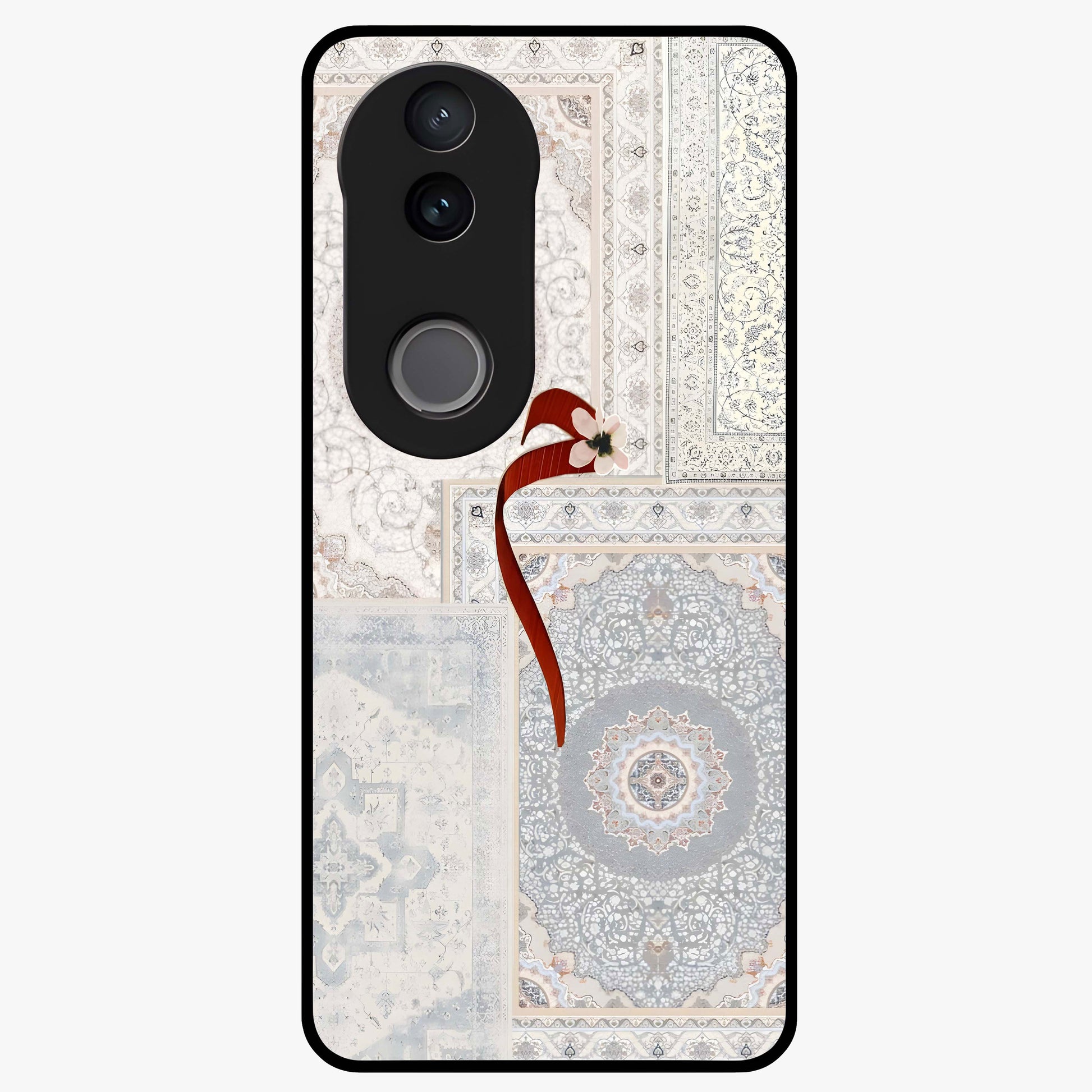 White Aesthetic Bow Glass Case showing flat back view with minimal bow artwork and glossy glass finish.