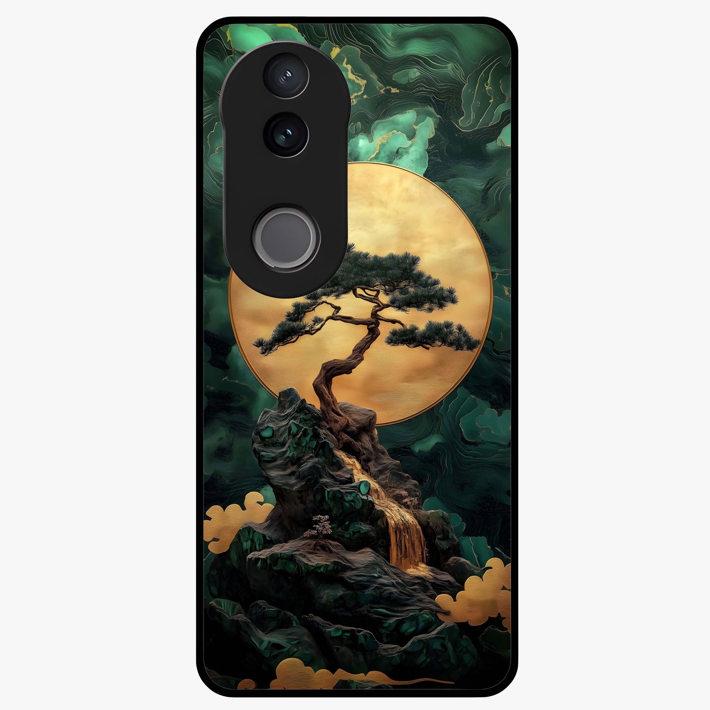 Zen Moon Rise Glass Case showing flat back view with calm moonrise artwork and glossy glass finish.