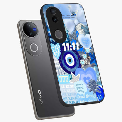 Aesthetic Be Kind Eye Glass Case displayed in angled mockup highlighting aesthetic eye design and inspirational vibe.