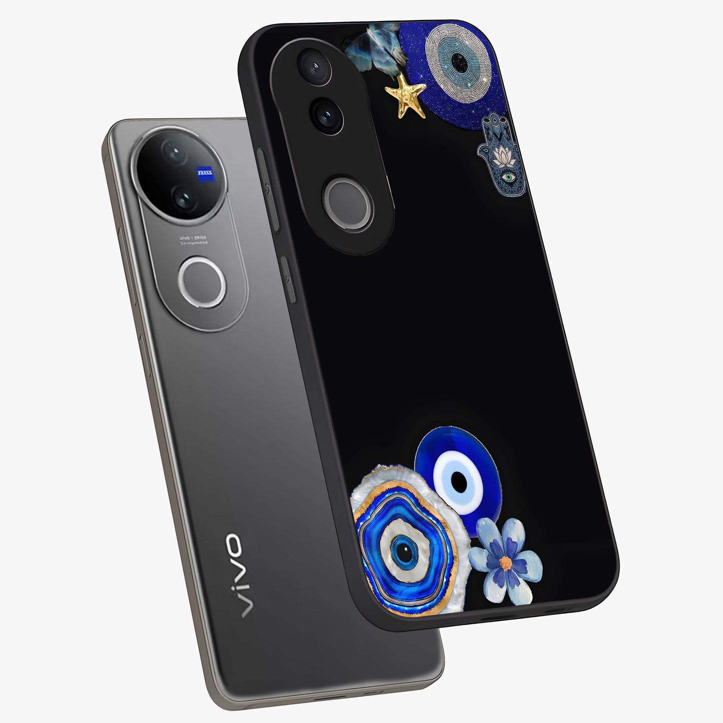 Aesthetic Blue Evil Eye Glass Case displayed in angled mockup highlighting blue evil eye symbol and spiritual aesthetic design.