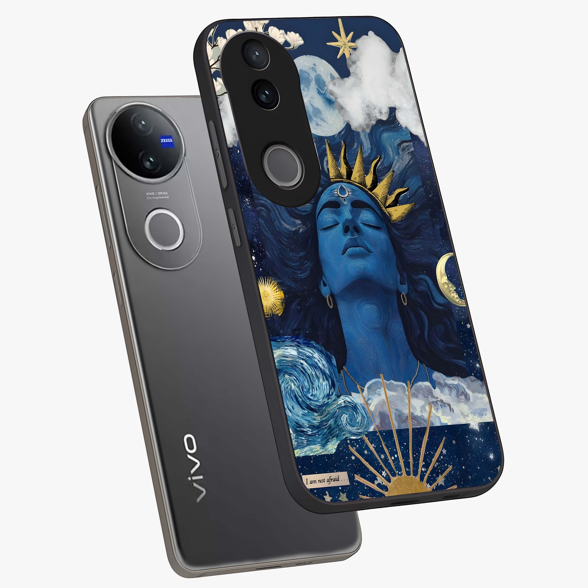 Aesthetic Lord Shiva Glass Case displayed in angled mockup highlighting spiritual Shiva illustration and sacred aesthetic design.