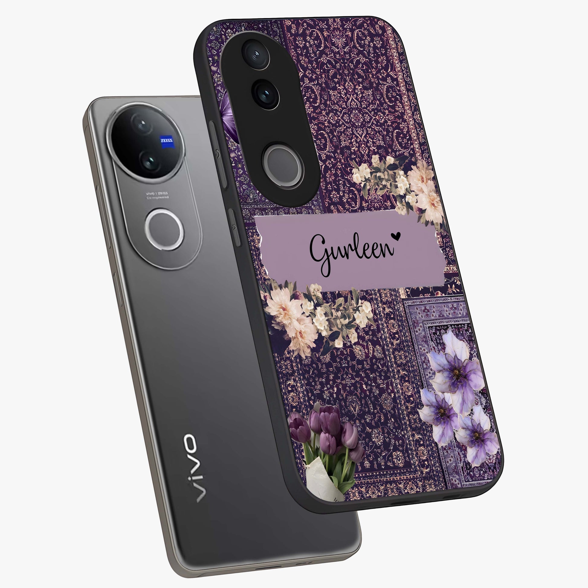 Antique Floral Whisper Custom Name Glass Case displayed in angled mockup highlighting elegant antique floral aesthetic.