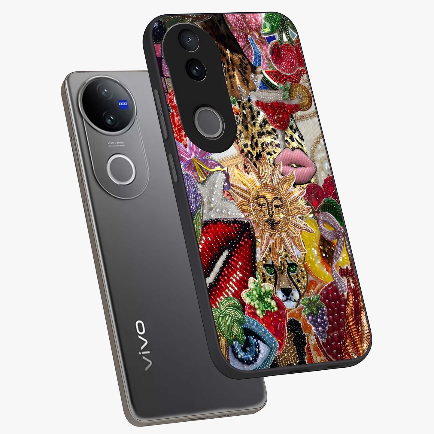 Beaded Fashion Jungle Glass Case displayed in angled mockup highlighting colorful fashion bead design and artistic pattern.
