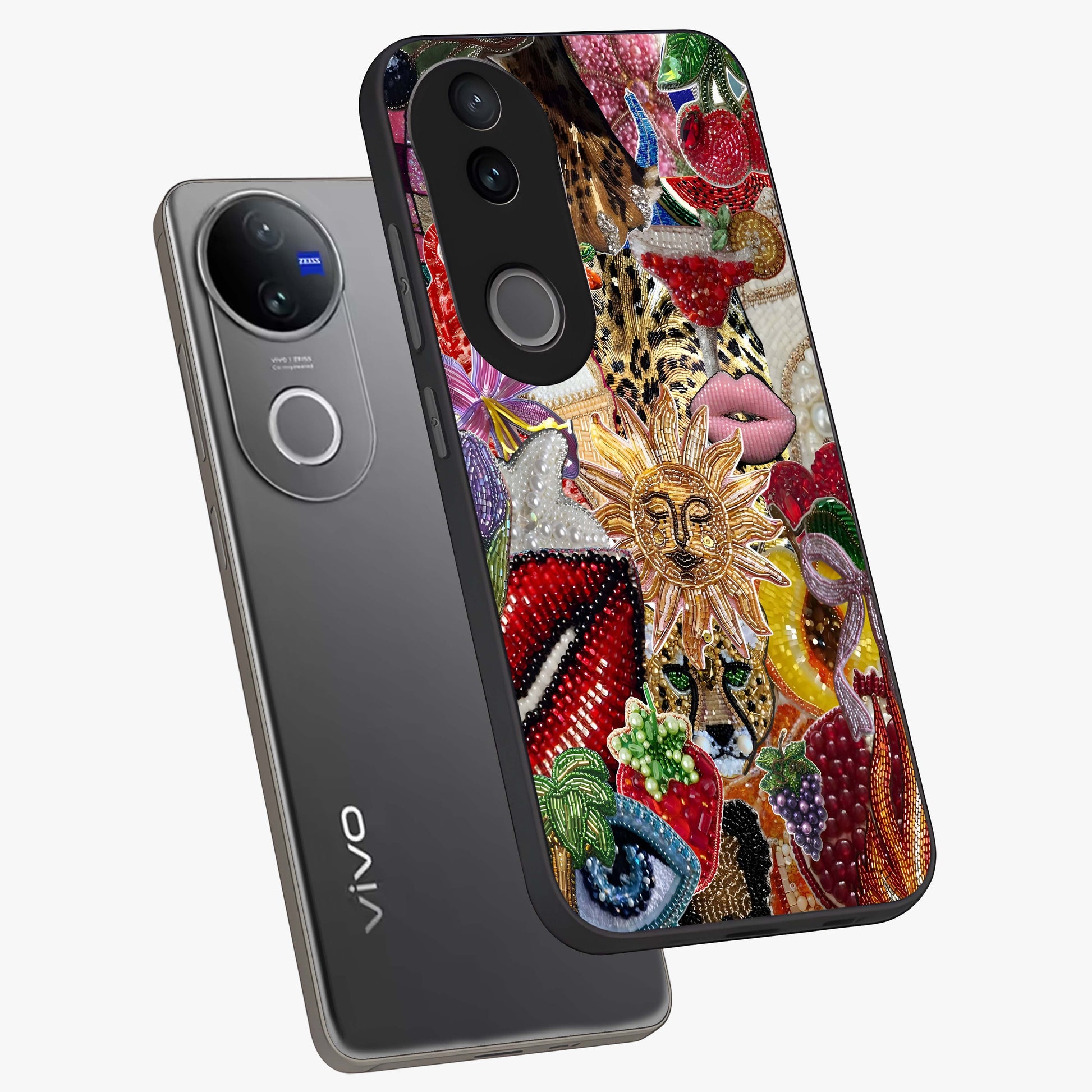 Beaded Fashion Jungle Glass Case displayed in angled mockup highlighting colorful fashion bead design and artistic pattern.