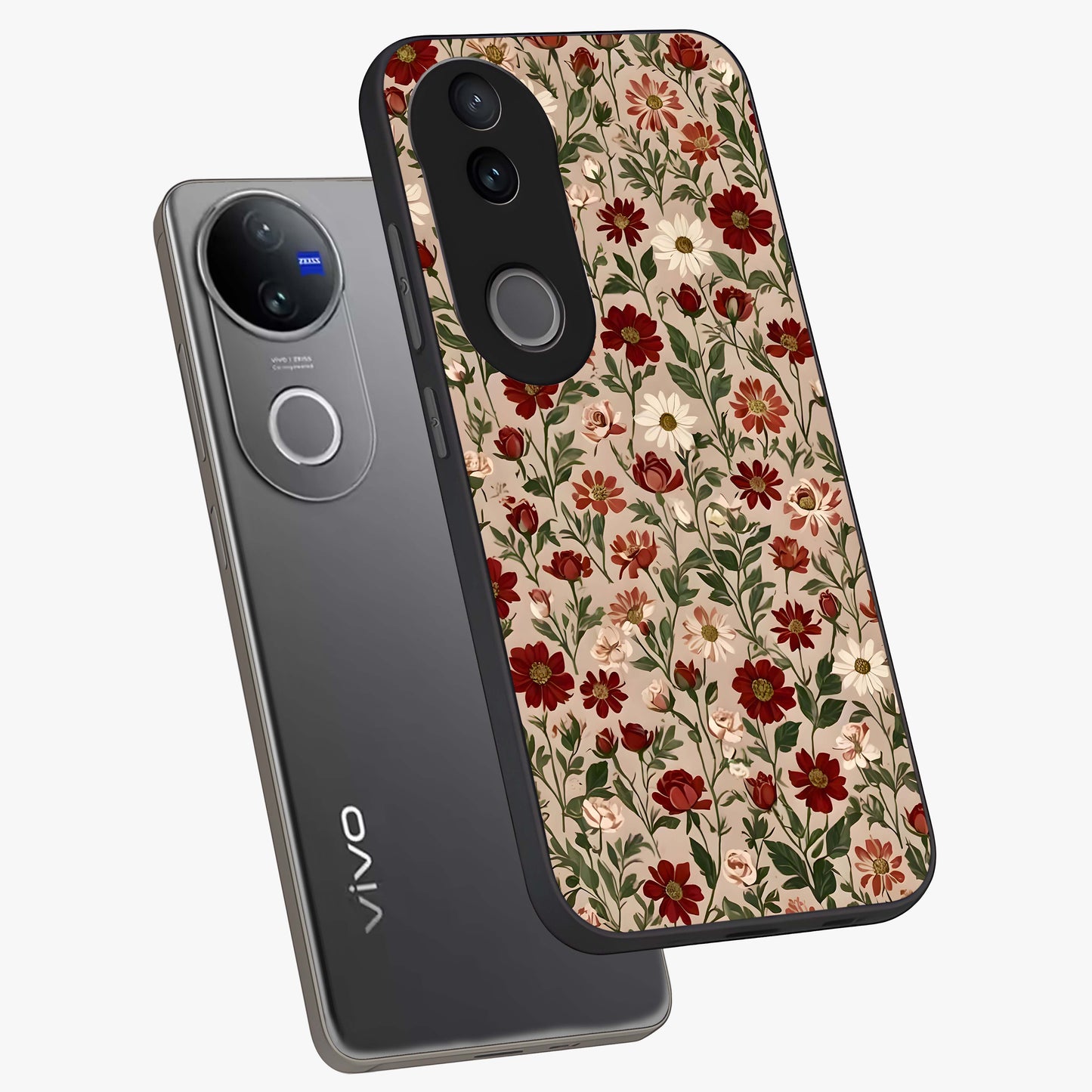 Biege Flower With Leaf Glass Case displayed in angled mockup highlighting minimal floral leaf design and elegant aesthetic.