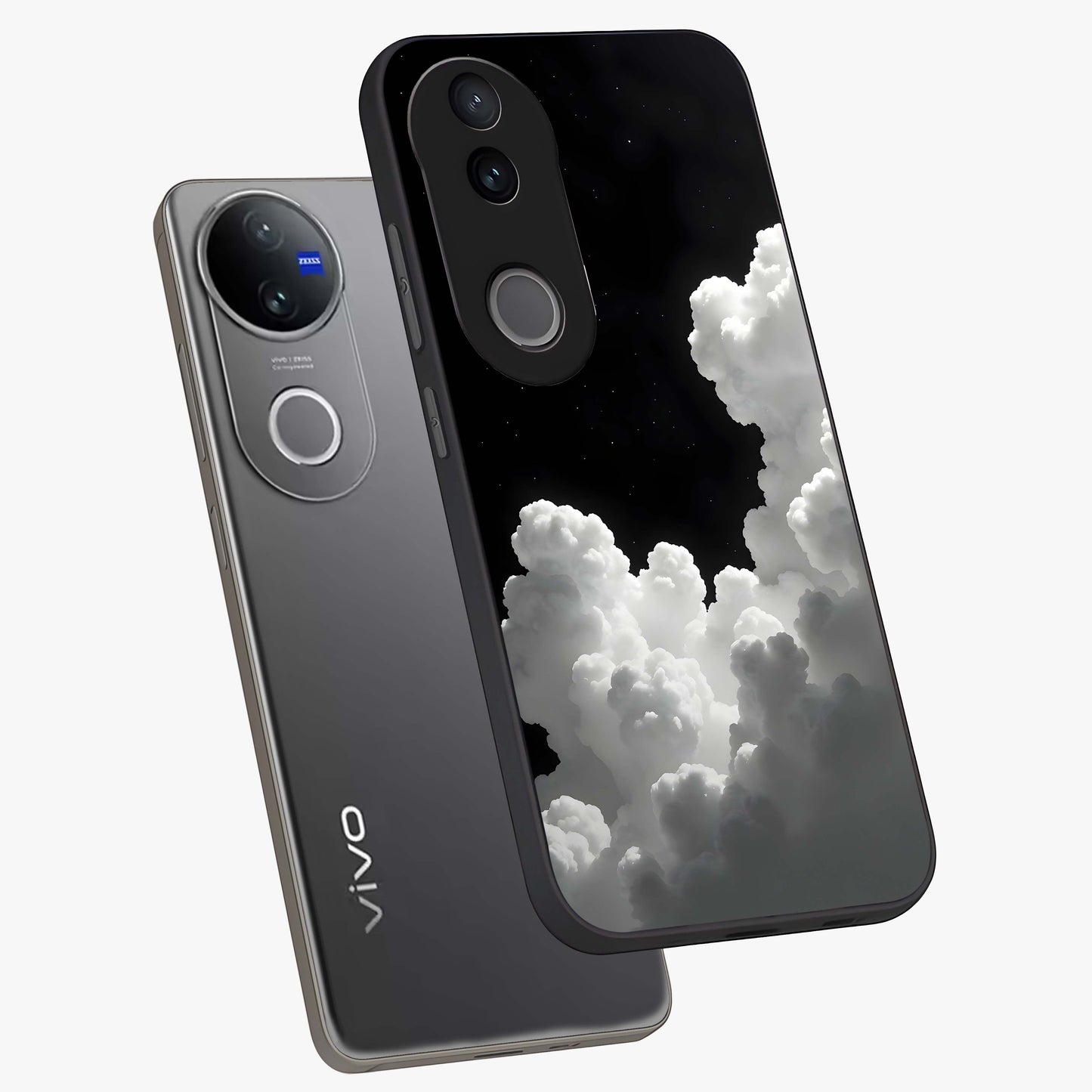 Black Background With White Cloud Glass Case displayed in angled mockup highlighting soft white cloud illustration and minimal design.