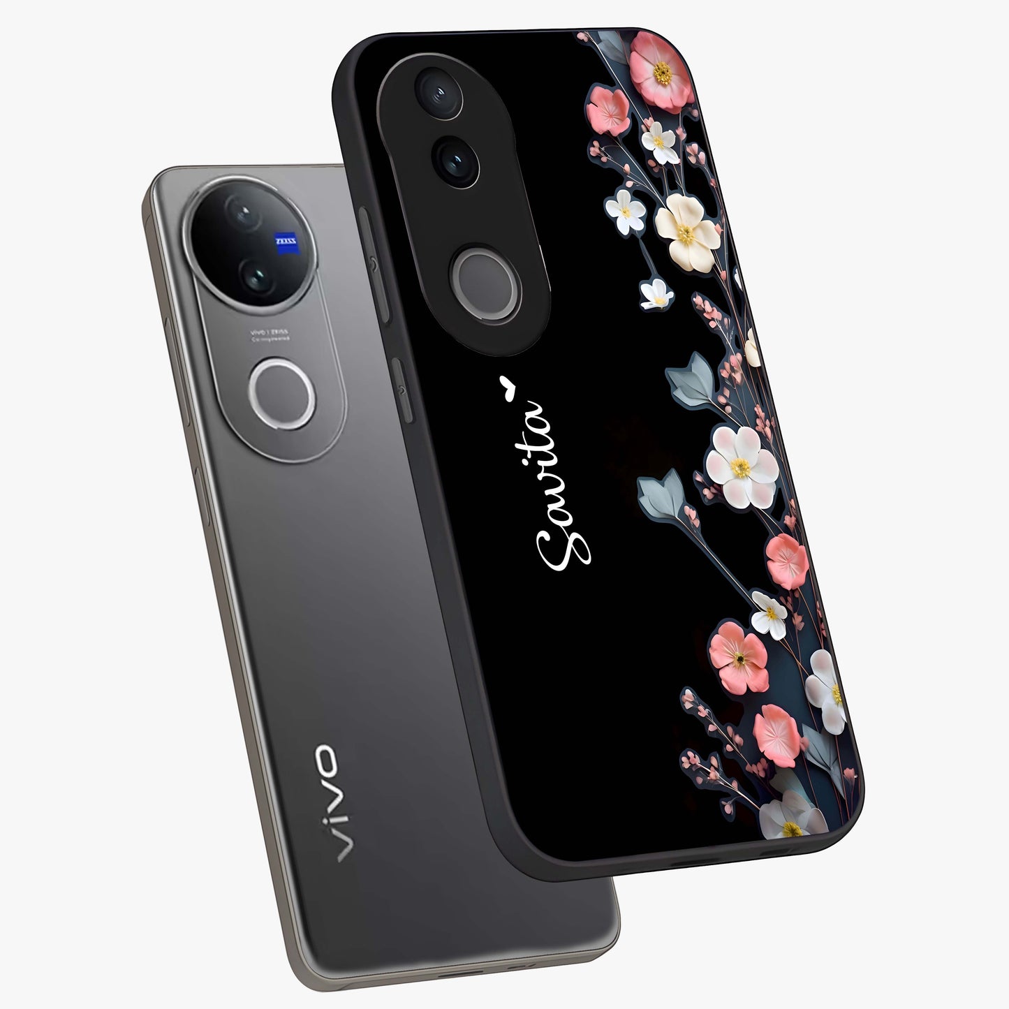 Black Elegance Floral Custom Name Glass Case displayed in angled mockup highlighting dark floral aesthetic and custom name feature.