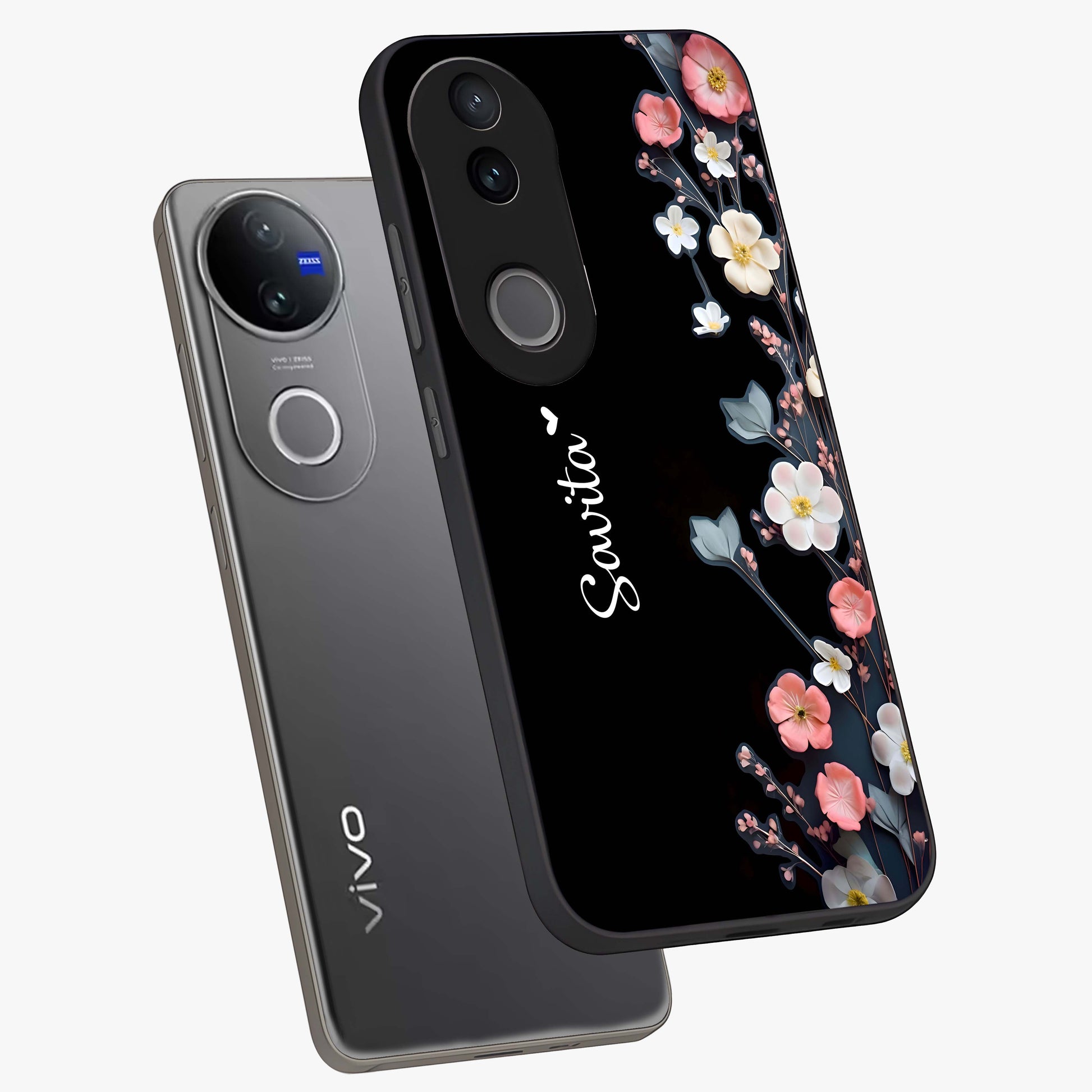 Black Elegance Floral Custom Name Glass Case displayed in angled mockup highlighting dark floral aesthetic and custom name feature.