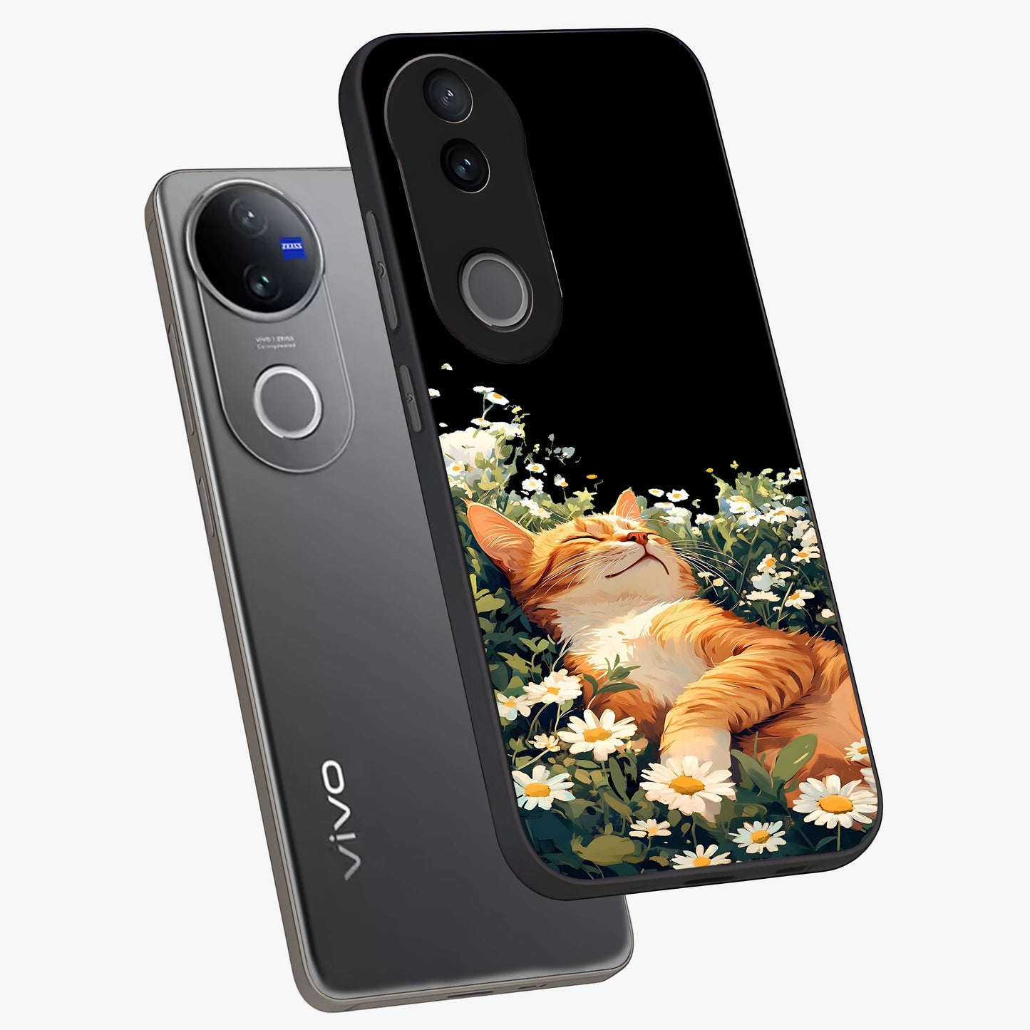 Blissful Bloom Cat Glass Case displayed in angled mockup highlighting playful feline illustration with soft floral aesthetic.