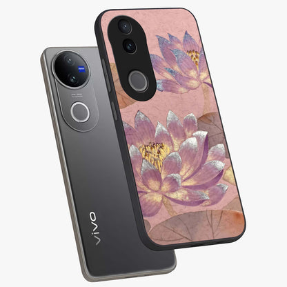 Blossom Mist Lotus Glass Case displayed in angled mockup highlighting delicate lotus illustration with calm aesthetic theme.