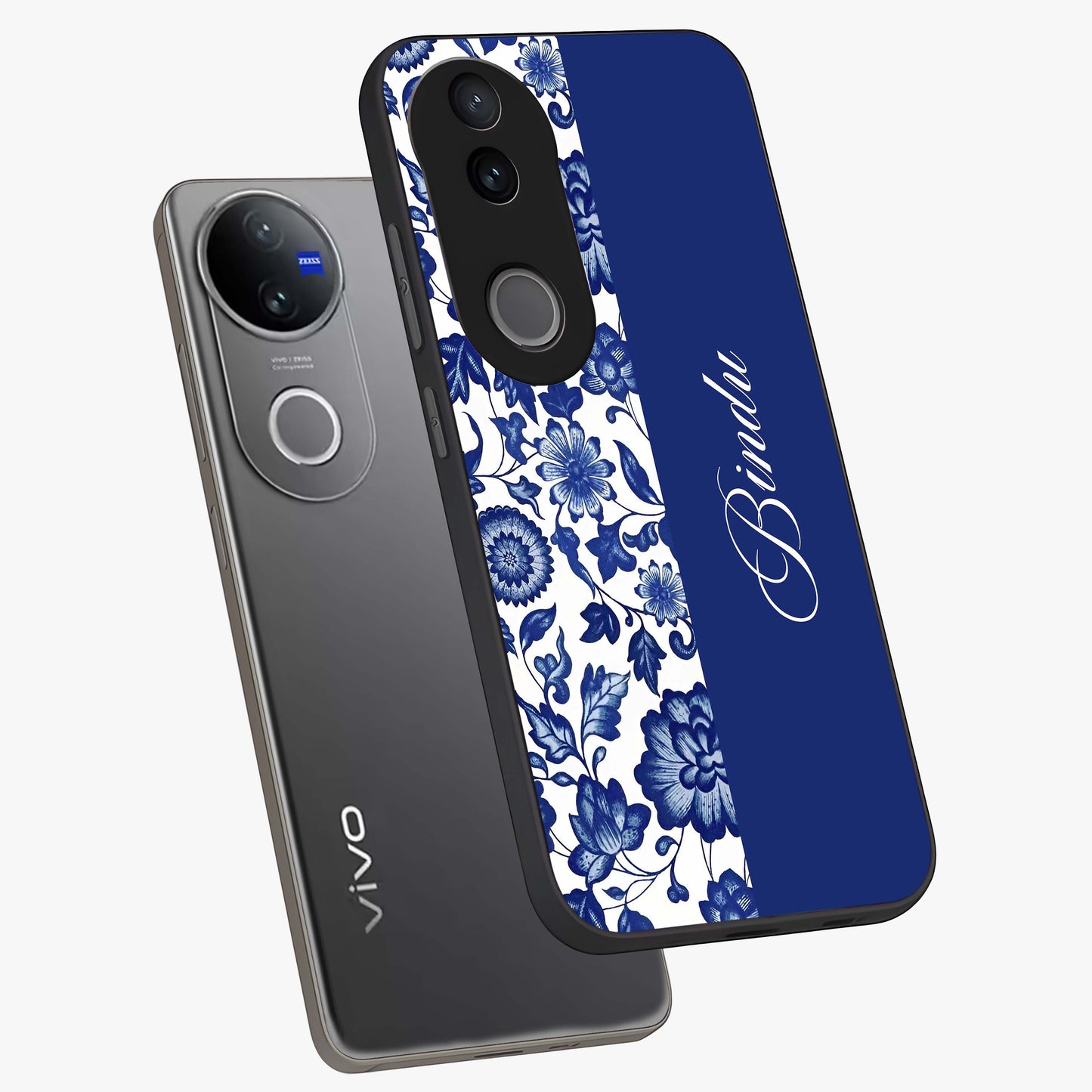 Blue Vintage Floral Pattern Glass Case displayed in angled mockup highlighting subtle bloom pattern with aesthetic pastel design.