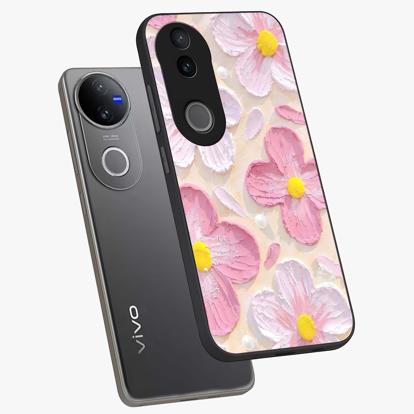 Blush Bloom Texture Glass Case displayed in angled mockup highlighting subtle bloom pattern with aesthetic pastel design.