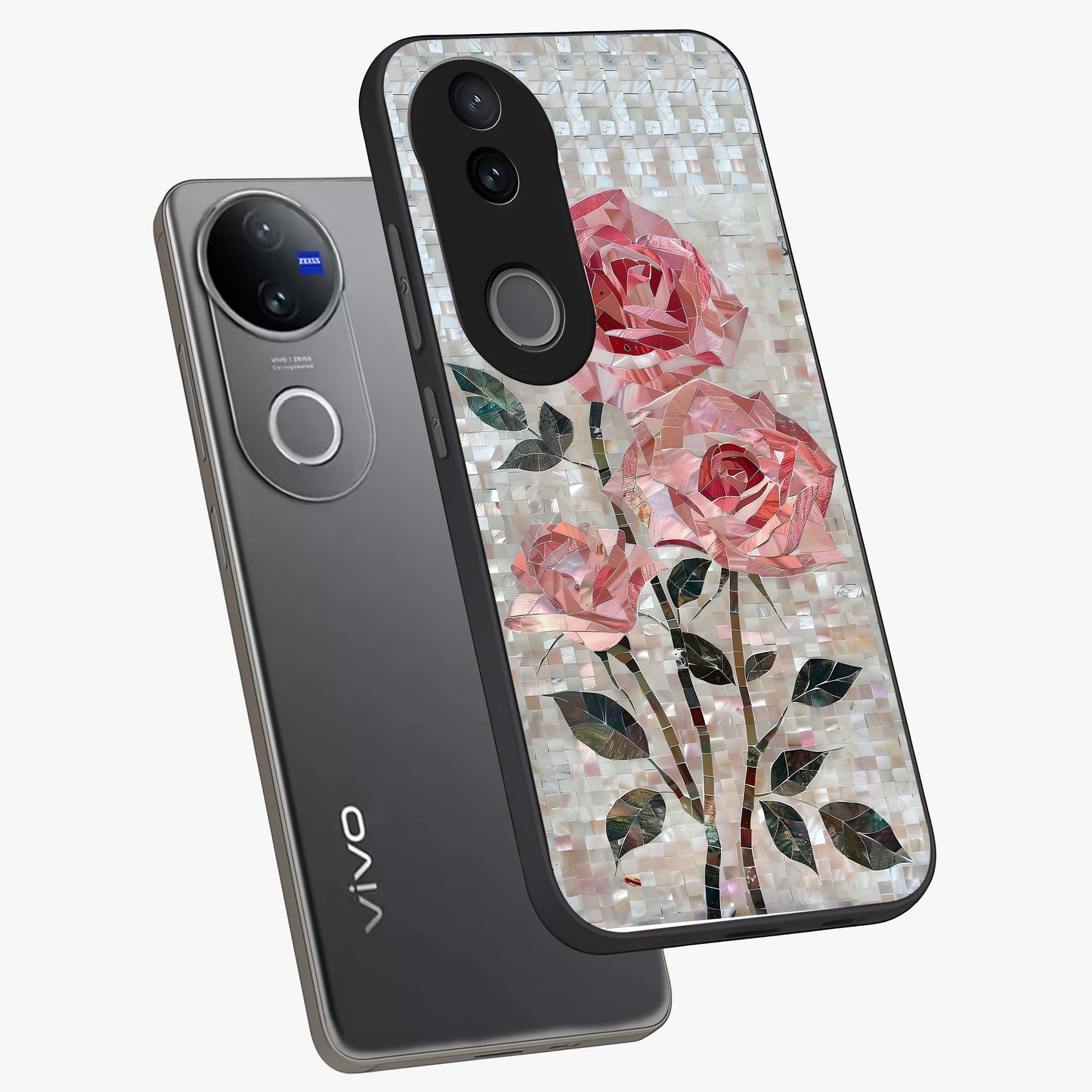 Blush Mosaic Bloom Glass Case displayed in angled mockup highlighting artistic mosaic flower pattern with aesthetic design.