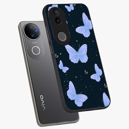 Butterfly With Stars Pattern Glass Case displayed in angled mockup highlighting dreamy butterfly and star design with aesthetic theme.
