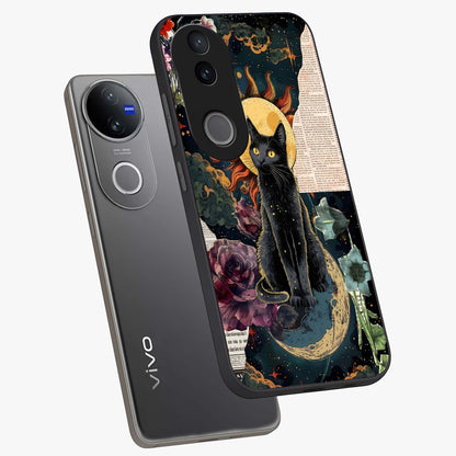 Celestial Black Cat Glass Case displayed in angled mockup highlighting cosmic black cat design with celestial aesthetic.