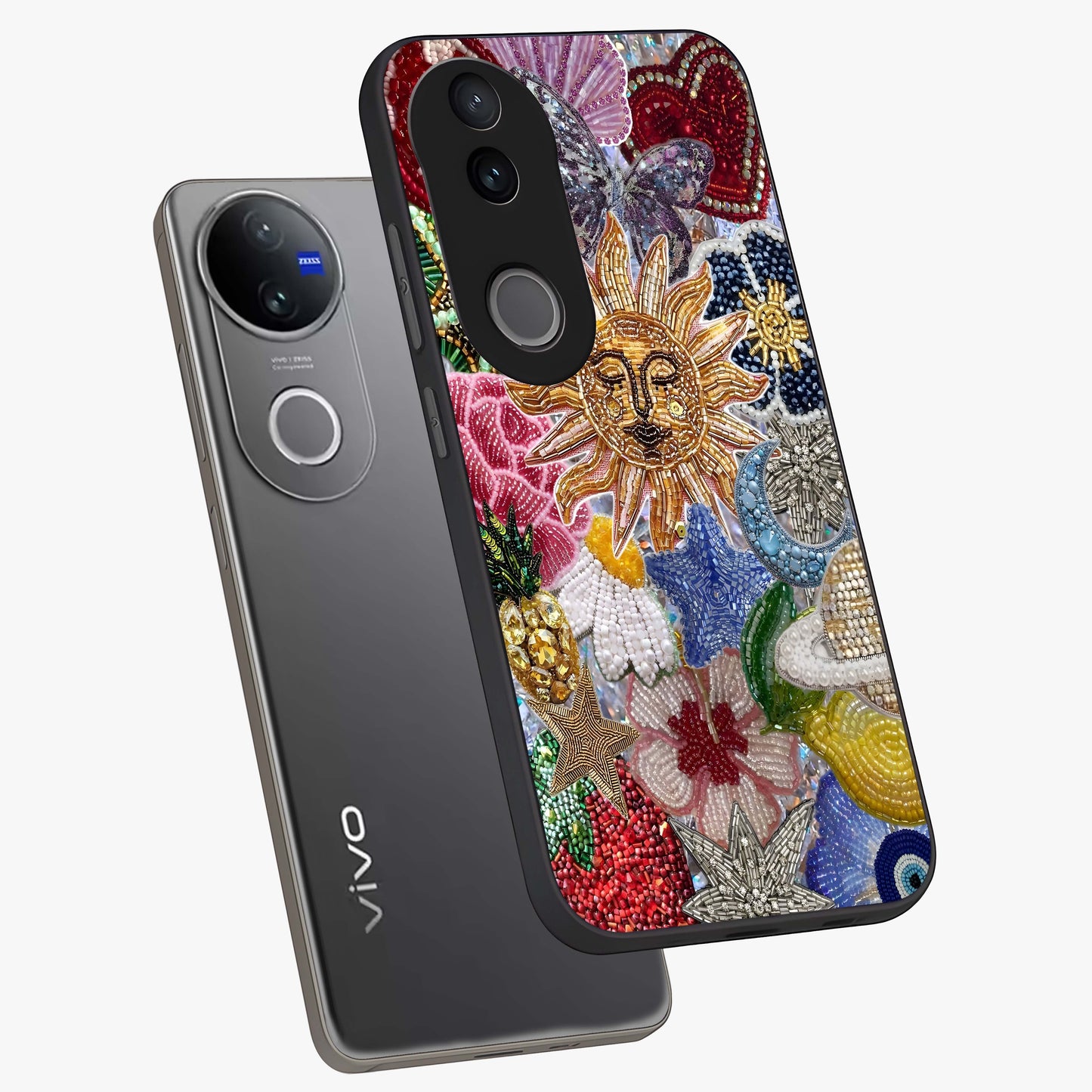 Celestial Floral and Playful Glass Case displayed in angled mockup highlighting playful floral design with dreamy celestial elements.