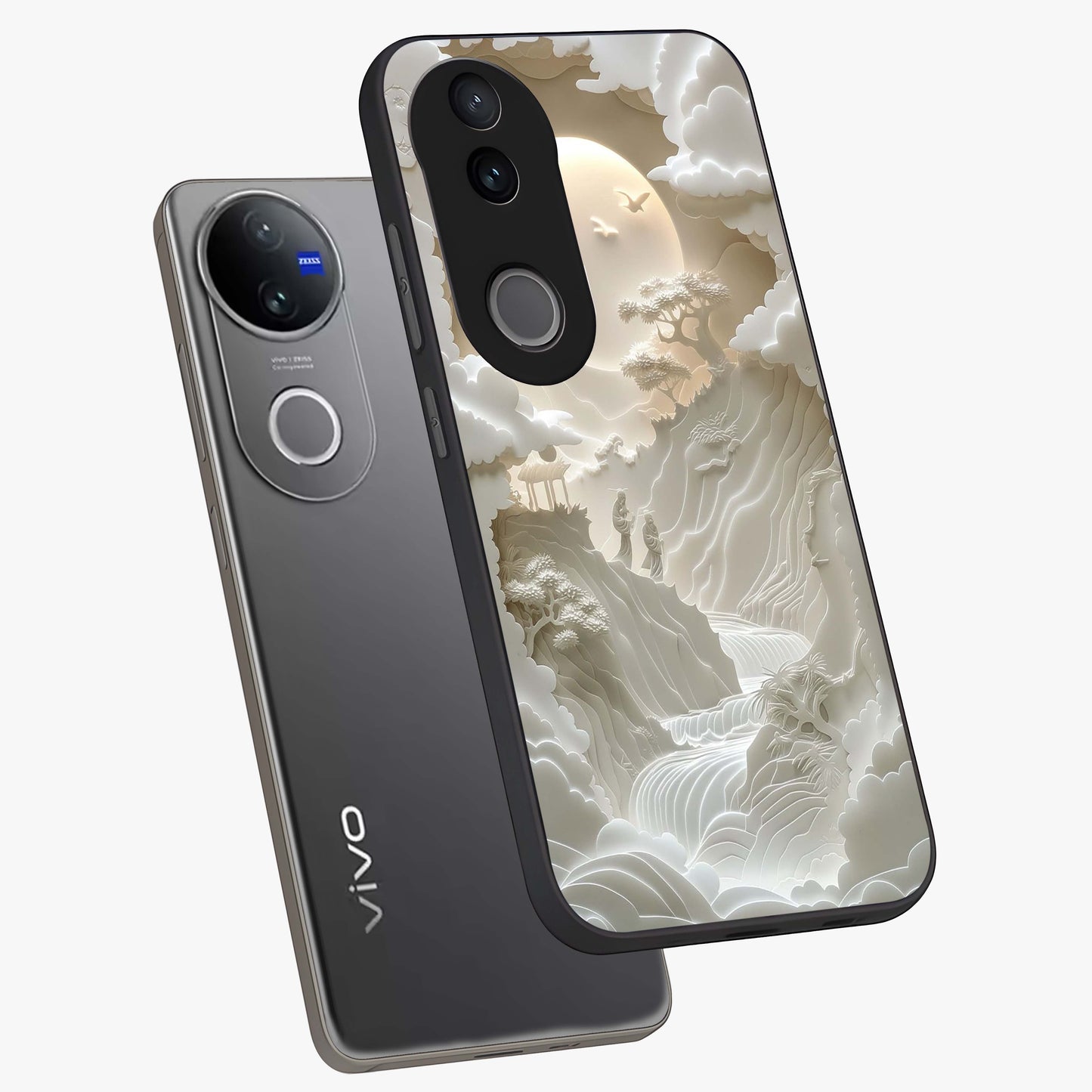 Celestial Origami Glass Case displayed in angled mockup highlighting geometric origami design with cosmic aesthetic theme.