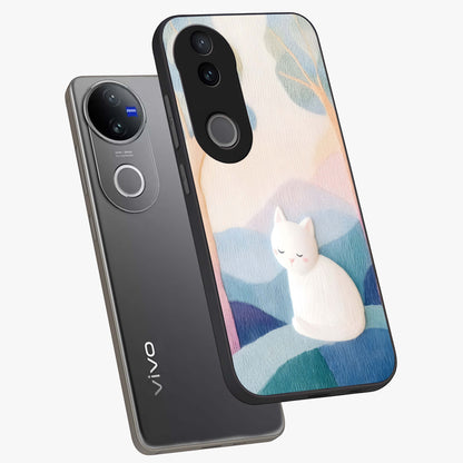 Cotton Dream Cat Glass Case displayed in angled mockup highlighting cute feline illustration with pastel aesthetic style.
