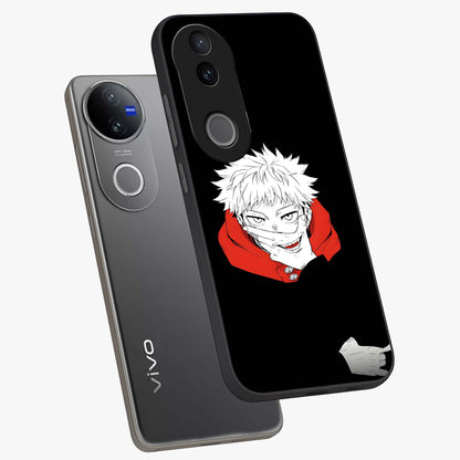 Crimson Chaos Smile Glass Case displayed in angled mockup highlighting edgy crimson smile design with graphic aesthetic.
