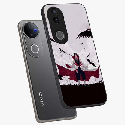 Crimson Crow Ascension Glass Case displayed in angled mockup highlighting powerful crow illustration with dark crimson aesthetic.