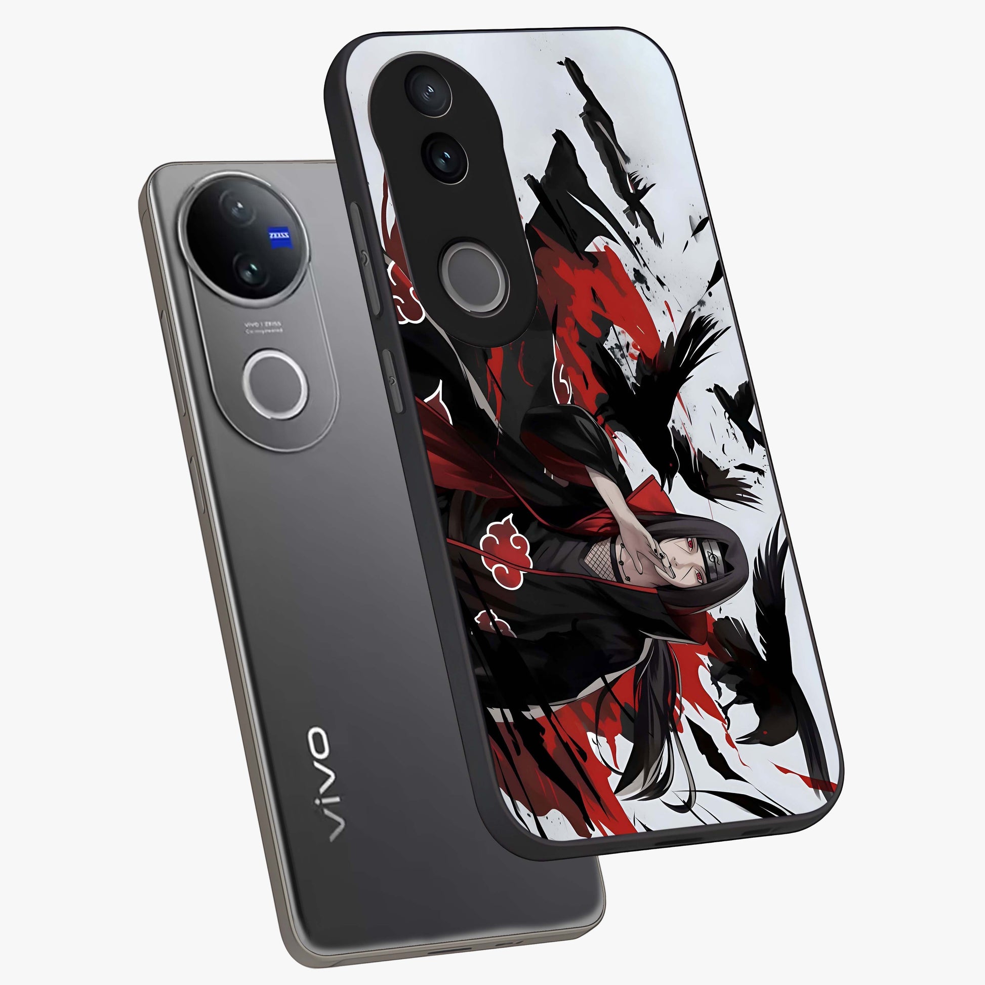 Crimson Crow Illusion Glass Case displayed in angled mockup highlighting mysterious crow graphic with dark aesthetic style.