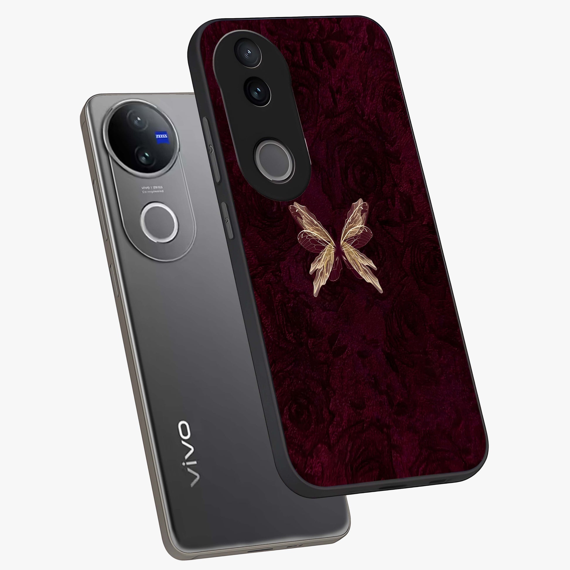 Crimson Fade Butterfly Glass Case displayed in angled mockup highlighting elegant butterfly design with crimson gradient aesthetic.