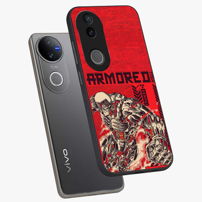 Crimson Mecha Titan Glass Case displayed in angled mockup highlighting futuristic mech illustration with bold crimson aesthetic.