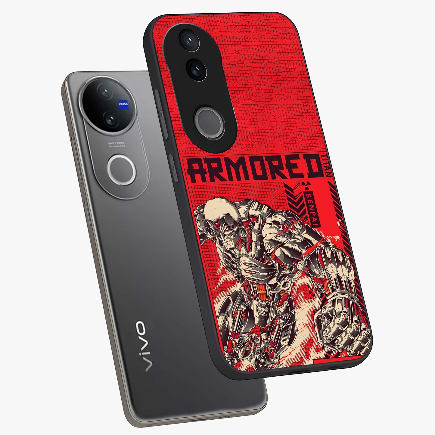 Crimson Mecha Titan Glass Case displayed in angled mockup highlighting futuristic mech illustration with bold crimson aesthetic.