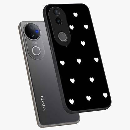 Cute And Simple White Hearts Glass Case displayed in angled mockup highlighting cute heart design with clean aesthetic style.