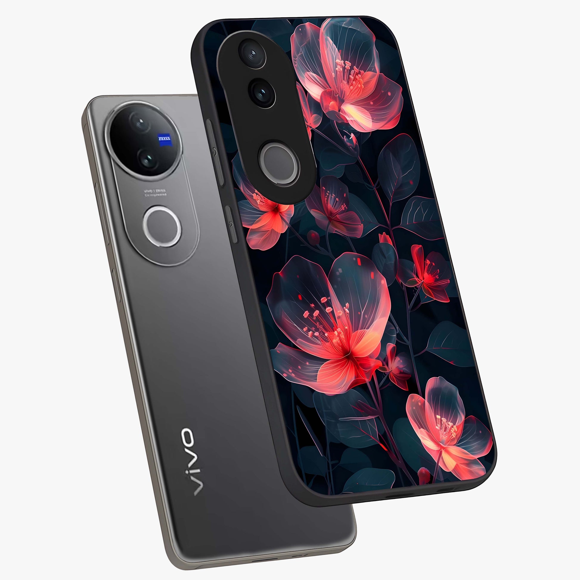 Dark Shade of Flower Glass Case displayed in angled mockup highlighting moody floral illustration with aesthetic dark tones.