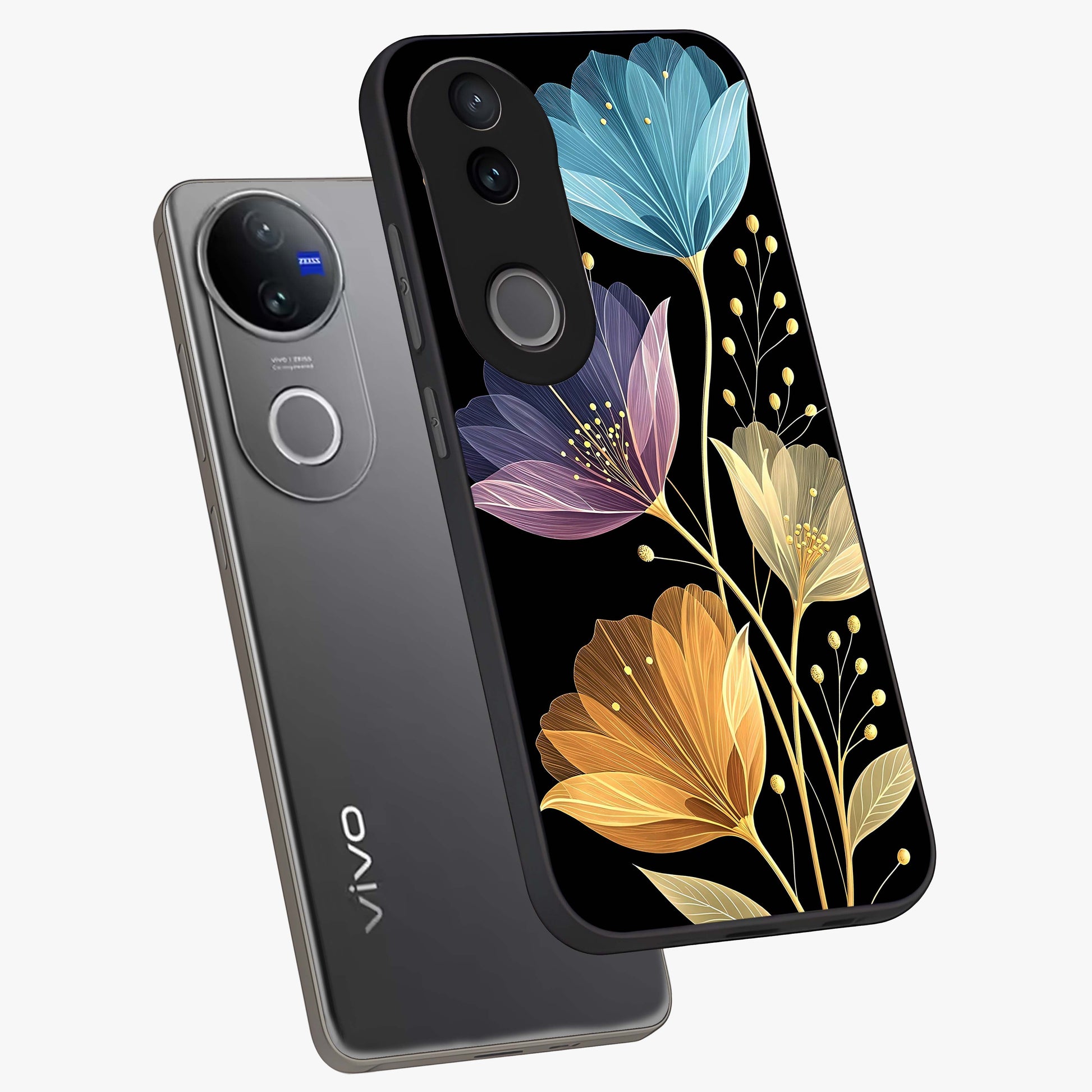 Delicate Multicolor Flowers Glass Case displayed in angled mockup highlighting colorful flower pattern with soft aesthetic style.