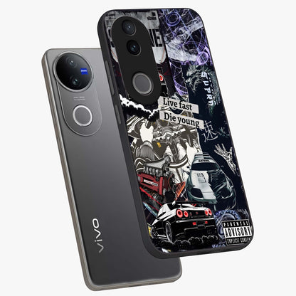 Die Young Glass Case displayed in angled mockup highlighting expressive graphic artwork with edgy aesthetic style.