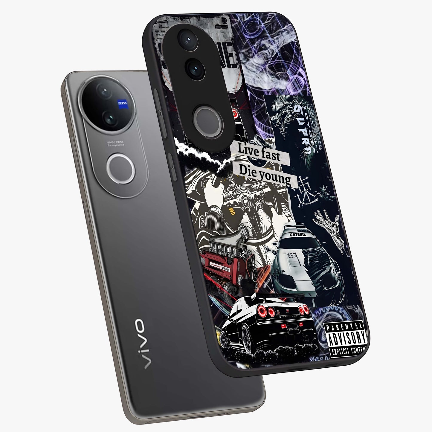 Die Young Glass Case displayed in angled mockup highlighting expressive graphic artwork with edgy aesthetic style.