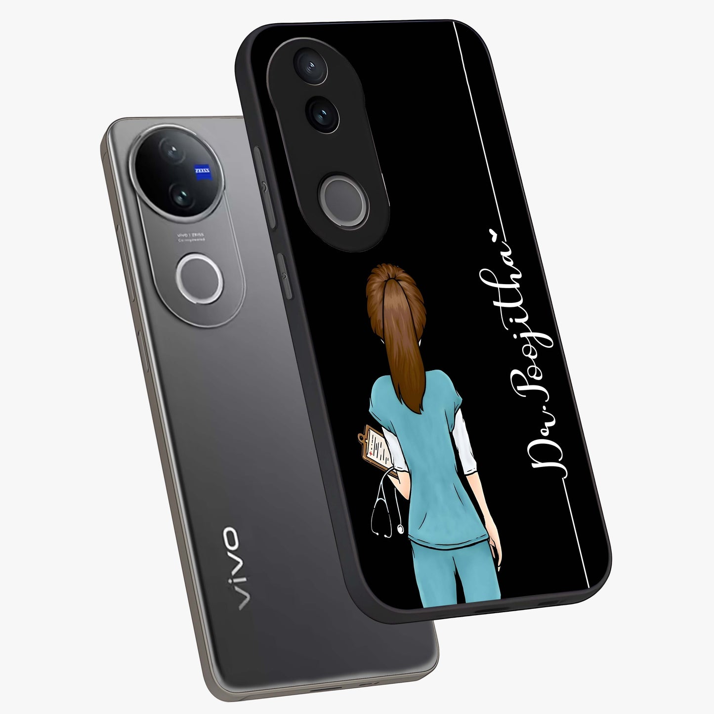Doctor Pattern Custom Name Glass Case displayed in angled mockup highlighting doctor inspired artwork with custom name feature.