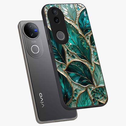 Emerald Leaf Glass Glass Case displayed in angled mockup highlighting botanical leaf illustration with elegant natural aesthetic.